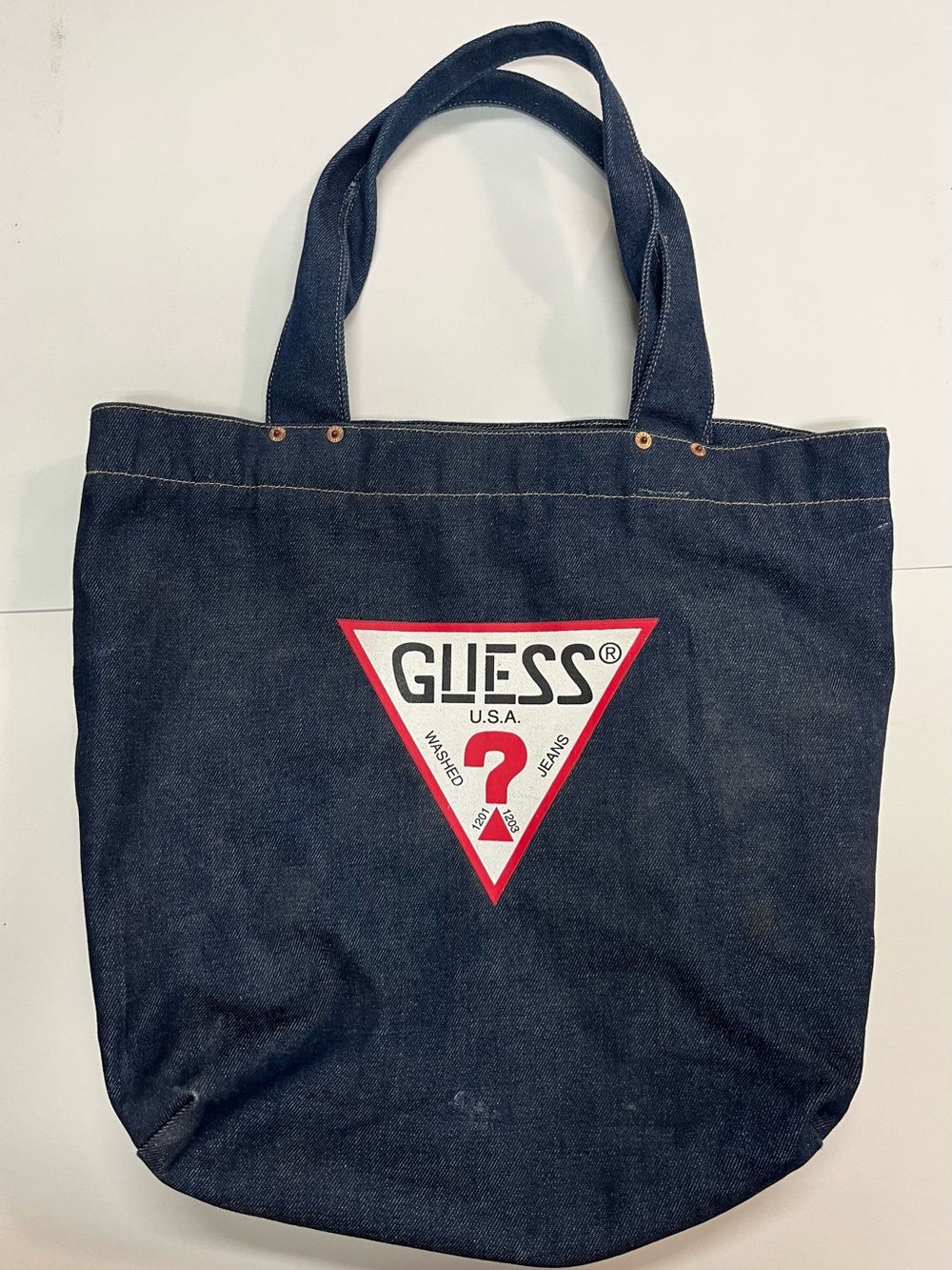 Guess Dark Denim Tote with Red and White Logo